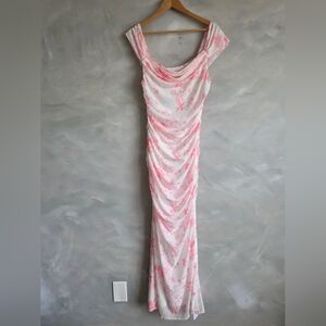 Pink And White Rose Floral Ruched Maxi Dress Kutumai NWT Wedding Romantic Fairy